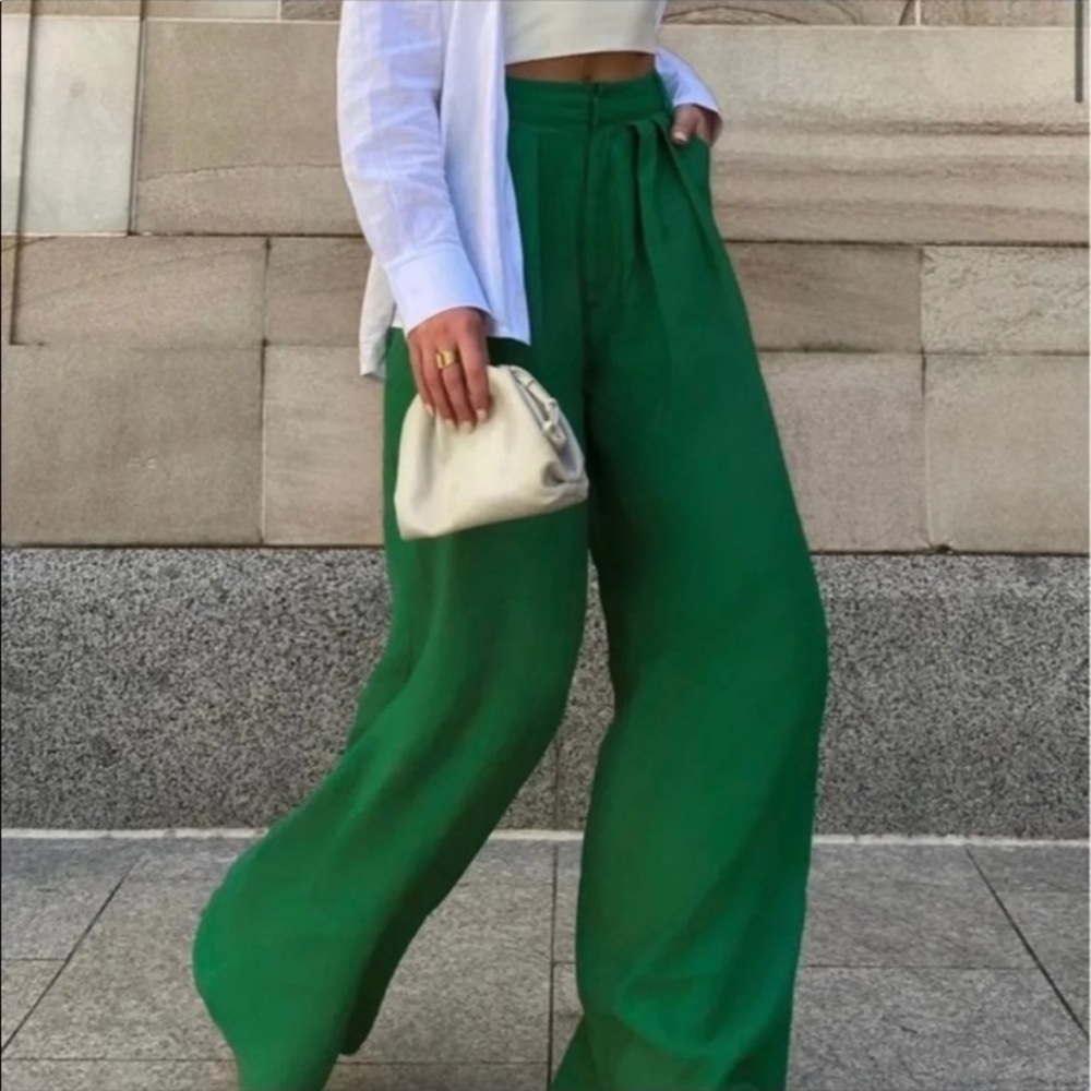 Revolve SNDYS Hills Tailored Green Wide Leg High Waist Pleat Trouser Pant Sz 4 - Picture 2 of 15